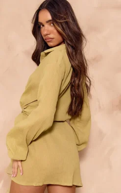 Olive Cotton Crepe Tie Waist Shift Dress