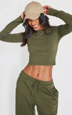 Olive Cotton Jersey Long Sleeve Crew Neck Top