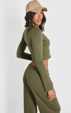 Olive Cotton Jersey Long Sleeve Crew Neck Top