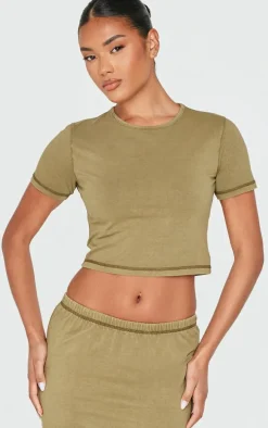 Olive Cotton Washed Crop Top