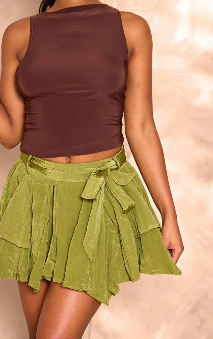 Olive Crinkle Satin Belted Mini Skort