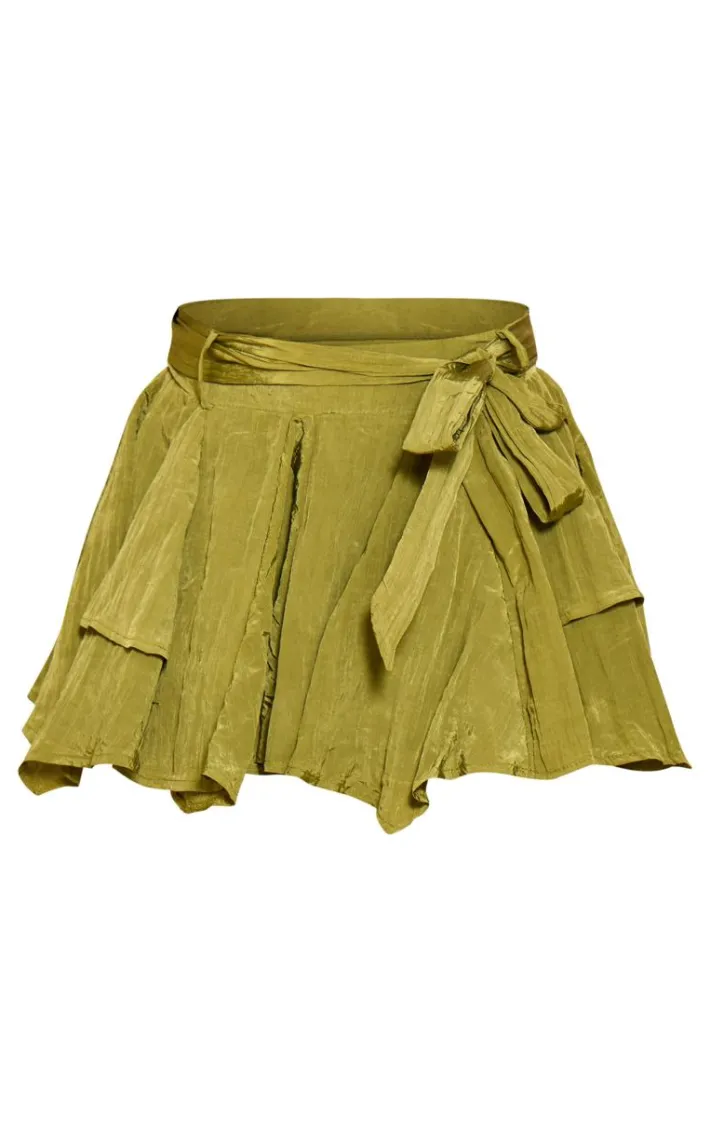 Olive Crinkle Satin Belted Mini Skort