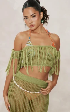 Olive Crochet Open Knit Bardot Tassel Top