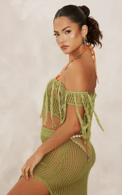 Olive Crochet Open Knit Bardot Tassel Top