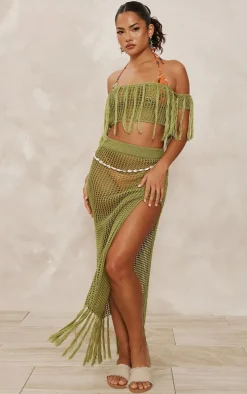 Olive Crochet Open Knit Bardot Tassel Top