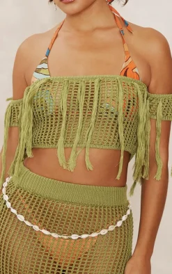 Olive Crochet Open Knit Bardot Tassel Top