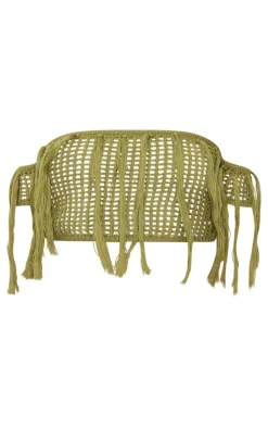 Olive Crochet Open Knit Bardot Tassel Top
