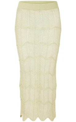 Olive Crochet Wave Knit Scallop Hem Maxi Skirt