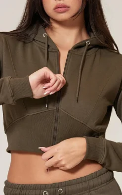 Olive Cropped Seam Detail Hoodie
