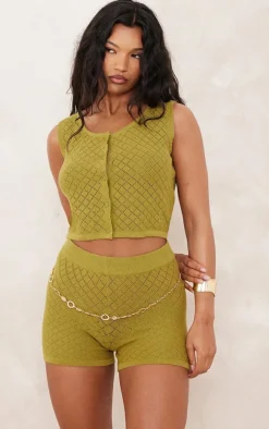 Olive Diamond Knit Mini Shorts
