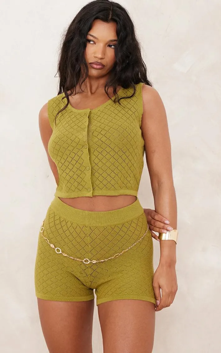 Olive Diamond Knit Mini Shorts