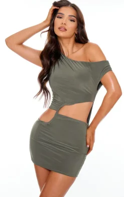 Olive Double Layer Slinky Twist Front Mini Dress