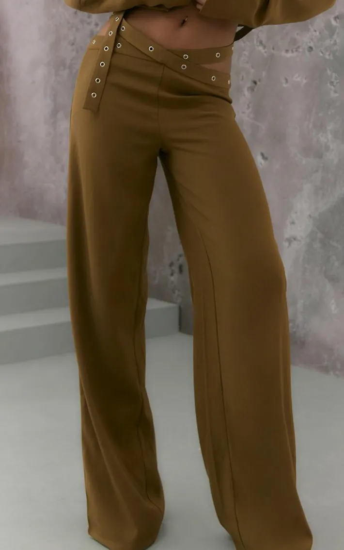 Olive Eyelet Detail Cut Out Waist Straight Leg Pants