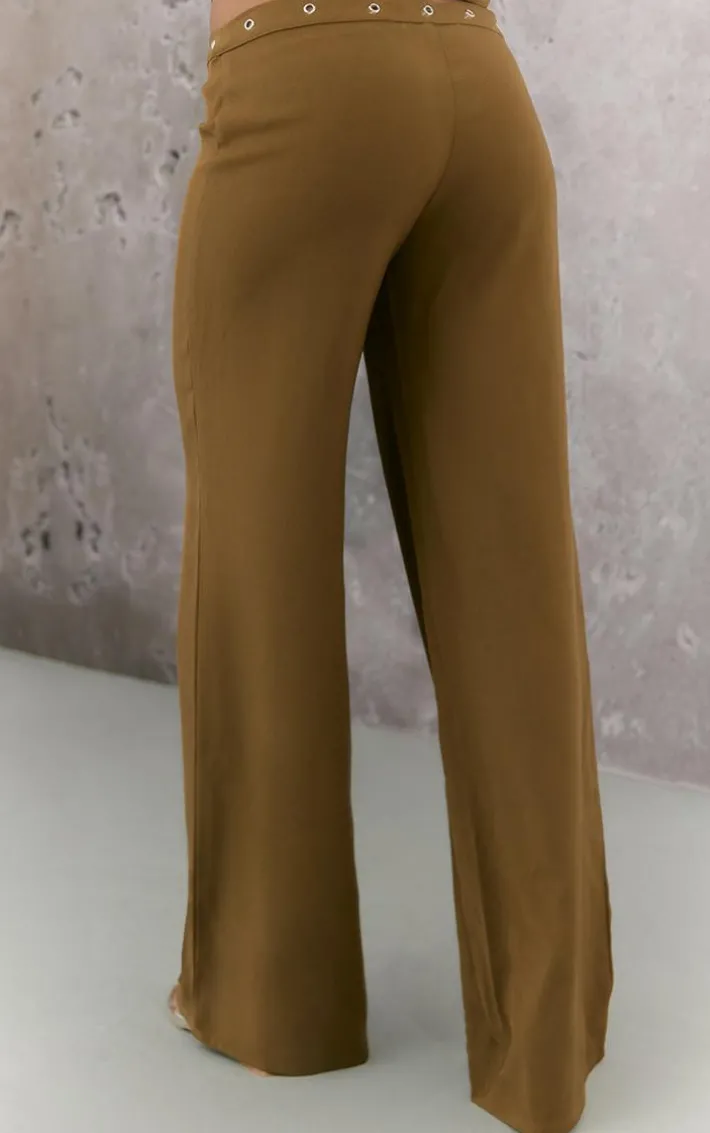 Olive Eyelet Detail Cut Out Waist Straight Leg Pants