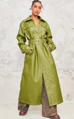 Olive Faux Leather Contrast Stitch Split Hem Trench Coat