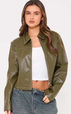 Olive Faux Leather Contrast Stitch Jacket