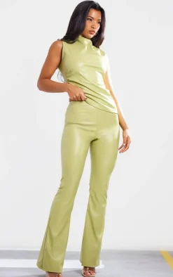 Olive Faux Leather High Waisted Flared Pants