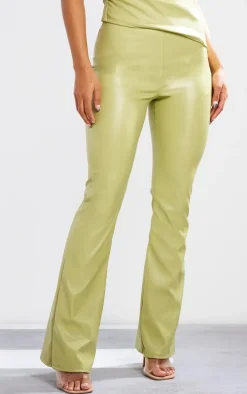 Olive Faux Leather High Waisted Flared Pants