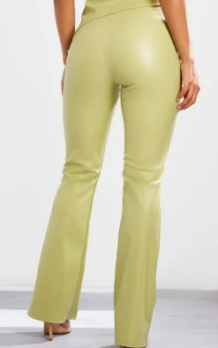 Olive Faux Leather High Waisted Flared Pants