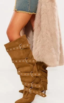 Olive Faux Suede Point Toe Fold Over Buckle Strap Knee High Heeled Boots