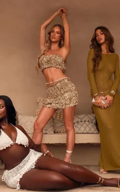 Olive Floral Detail Ruched Bandeau Top