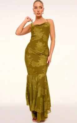 Olive Floral Devore Cowl Neck Frill Hem Maxi Dress