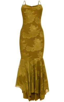 Olive Floral Devore Cowl Neck Frill Hem Maxi Dress