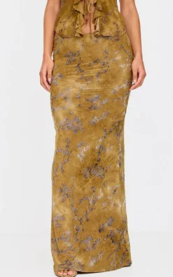 Olive Floral Devore Low Rise Maxi Skirt