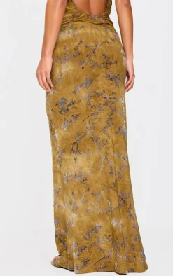 Olive Floral Devore Low Rise Maxi Skirt