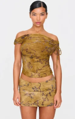 Olive Floral Devore Low Rise Mini Skirt