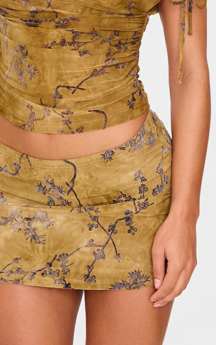 Olive Floral Devore Low Rise Mini Skirt