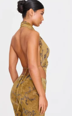 Olive Floral Print Devore Halterneck Top