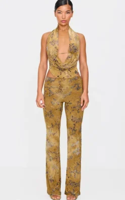 Olive Floral Print Devore Halterneck Top