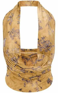 Olive Floral Print Devore Halterneck Top