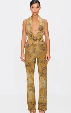 Olive Floral Print Devore Slim Flare Pants