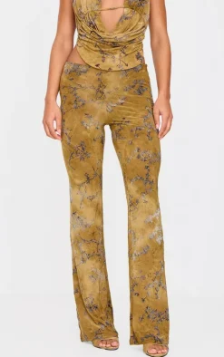 Olive Floral Print Devore Slim Flare Pants
