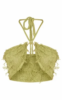 Olive Fringe Knit Trim Detail Halterneck Crop Top