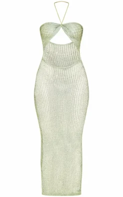 Olive Glitter Crochet Cut Out Halterneck Maxi Dress