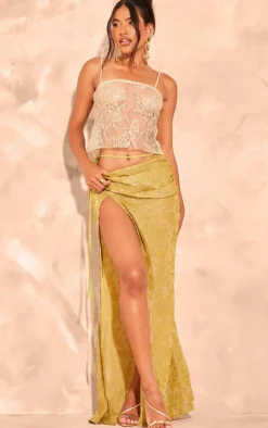 Olive Green Sheer Floral Applique Wrap Detail Maxi Skirt