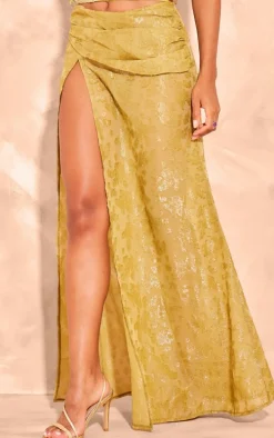 Olive Green Sheer Floral Applique Wrap Detail Maxi Skirt