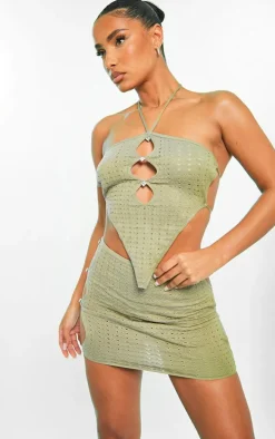 Olive Knit Pointelle Cut Out Diamante Skirt