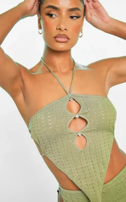 Olive Knit Pointelle Cut Out Diamante Scarf Top