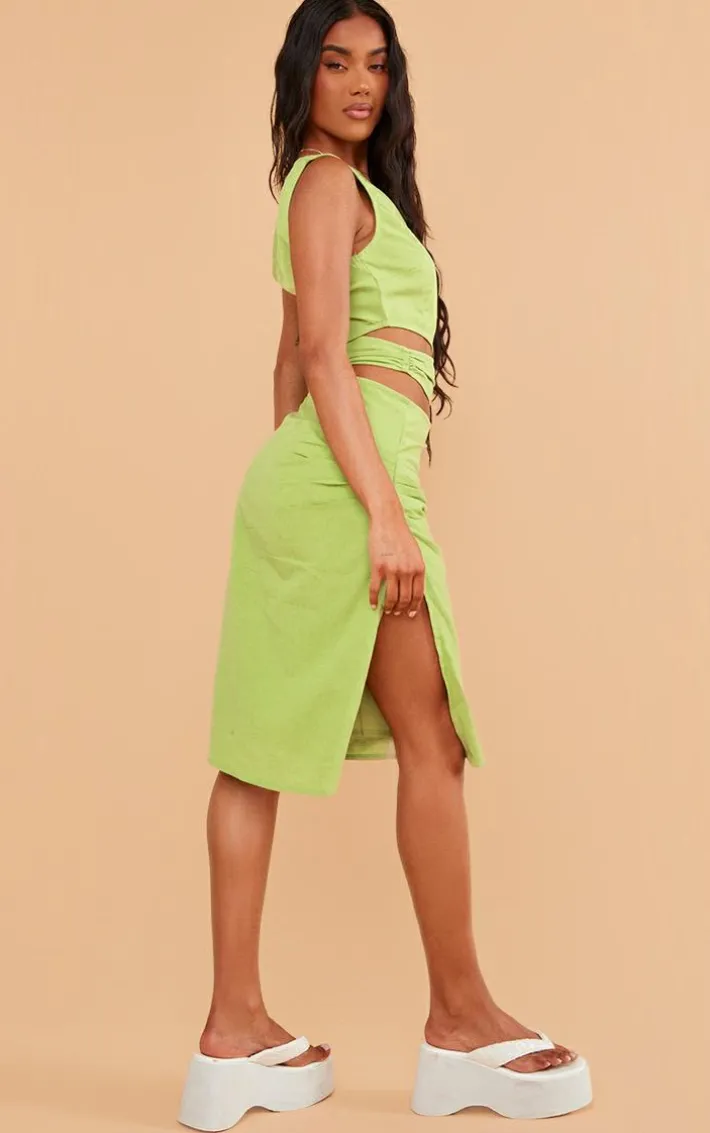 Olive Linen Look One Shoulder Cut Out Midi Dress