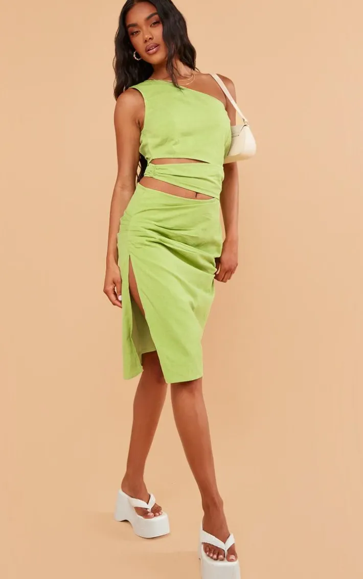 Olive Linen Look One Shoulder Cut Out Midi Dress