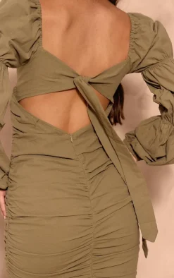 Olive Linen Look Tie Back Long Sleeve Bodycon Dress