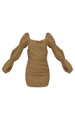 Olive Linen Look Tie Back Long Sleeve Bodycon Dress