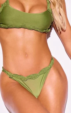 Olive Macrame Detail High Leg Bikini Bottoms