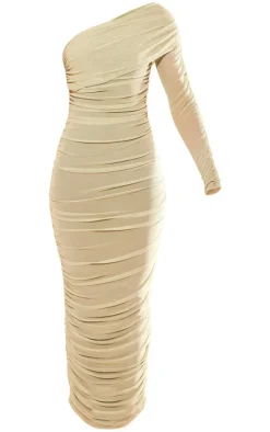 Olive Mesh Bardot One Sleeve Maxi Dress