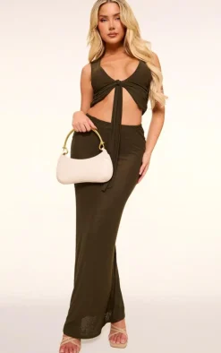 Olive Mesh Plunge Ruched Long Top