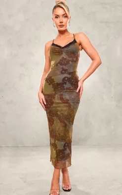 Olive Ombre Mesh Lace Trim Ruched Front Midaxi Dress